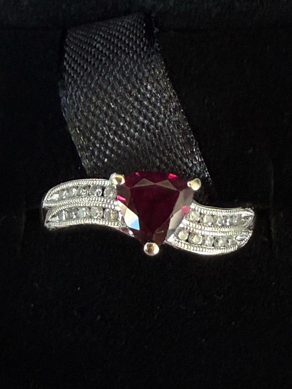 14K White Gold Trilliant-Cut Garnet Ring w/ Diamond Accents